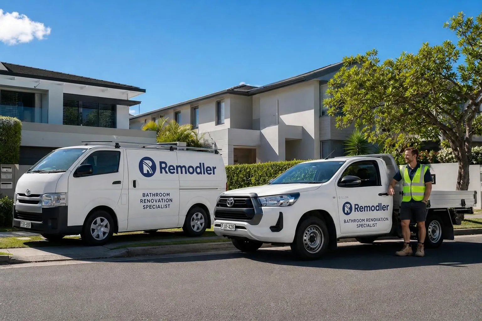 Remodler branded van and ute parked on the street outside a Sydney home with a tradie in hi-vis standing nearby