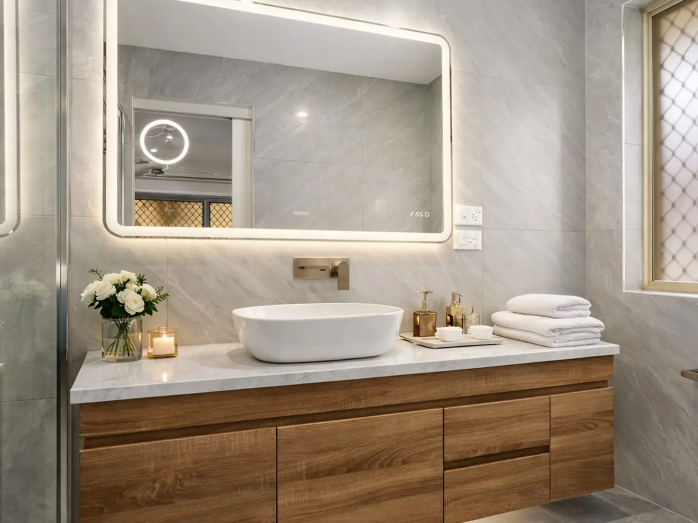 Woodcroft renovation vanity with backlit mirror and brushed brass tapware