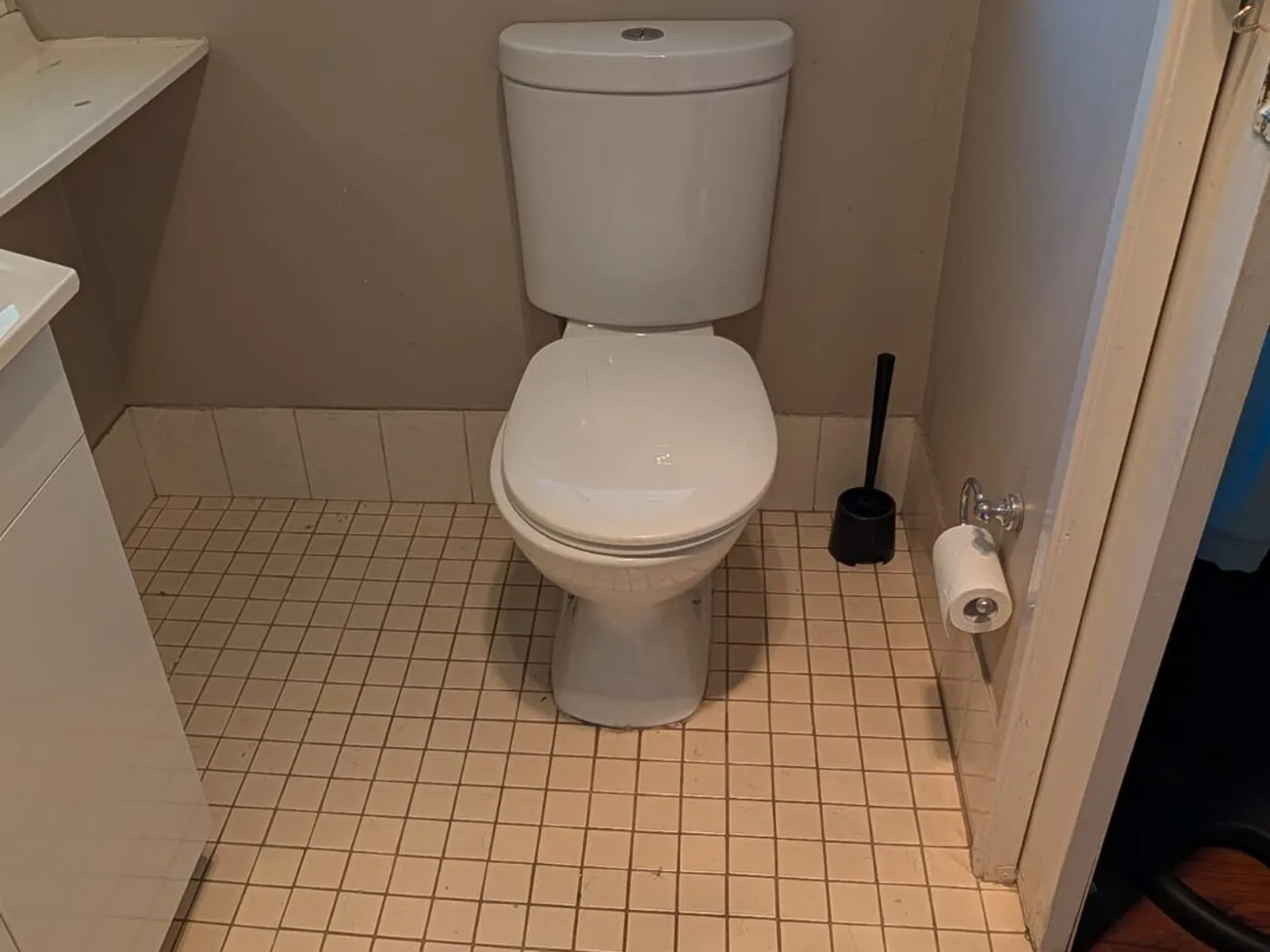 Quakers Hill family bathroom before renovation with laminate vanity and beige tiles