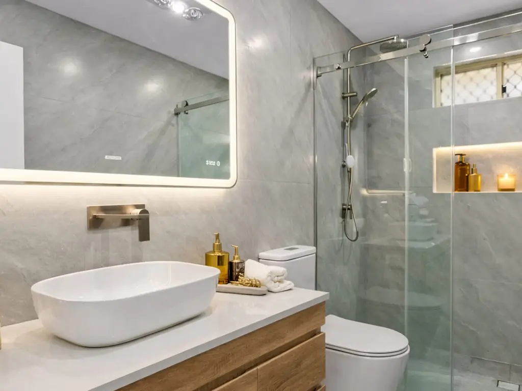 Renovated Hills District family bathroom with freestanding bath and floor-to-ceiling tile