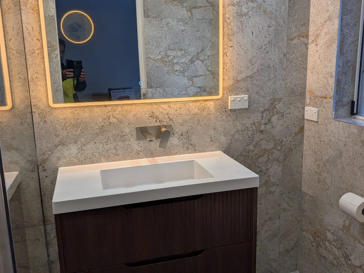 Quakers Hill family bathroom shower with lit niche and hand shower