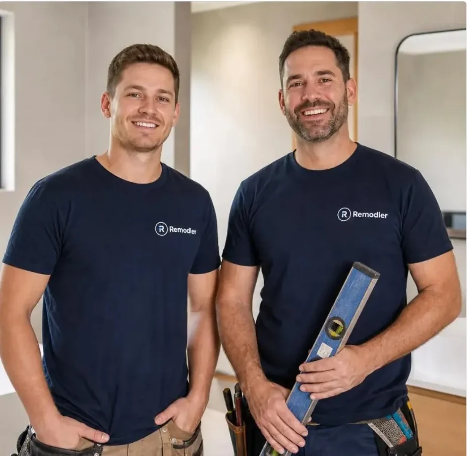 Remodler bathroom renovators in navy branded t-shirts standing in a completed Sydney bathroom
