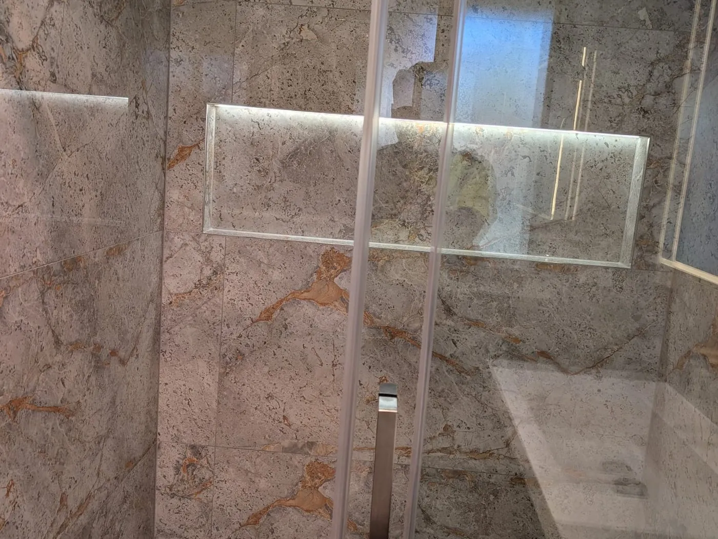 Quakers Hill family bathroom vanity and mirror from the doorway