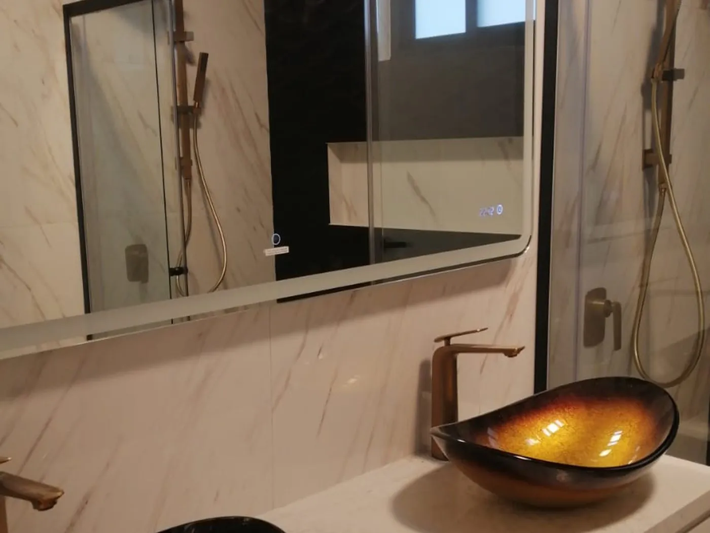 Marsden Park ensuite gold vessel basin and brushed brass tapware
