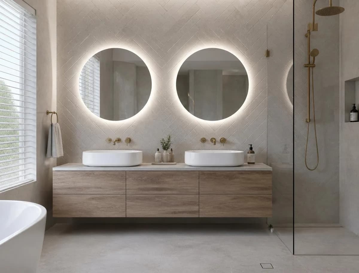 Completed Sydney bathroom renovation with double stone vanity and frameless shower