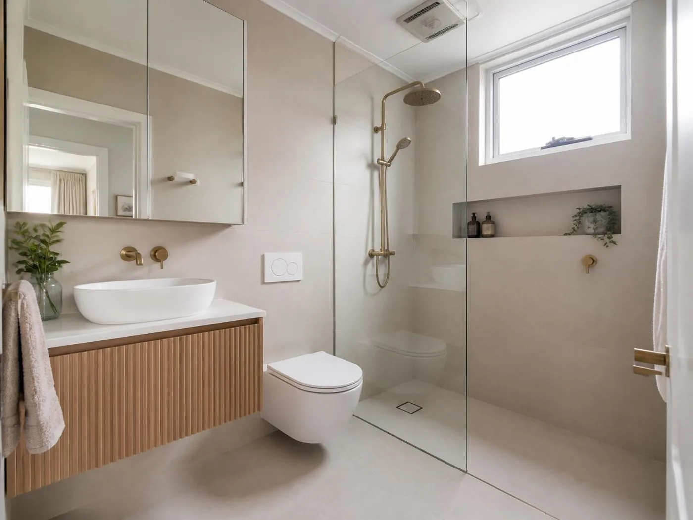 Small bathroom renovation with a wall-hung fluted vanity, walk-in shower and brass tapware