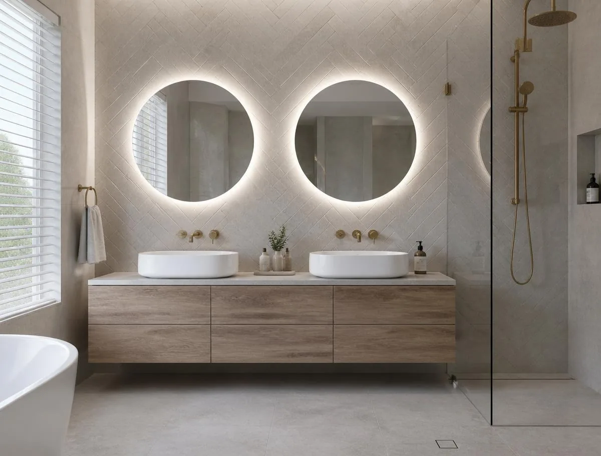 Completed Sydney bathroom renovation with double stone vanity and frameless shower